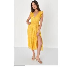 NWT Lulus Cause to Celebrate Yellow and Gold Dot Ruffled Tiered Midi Dress sz M
